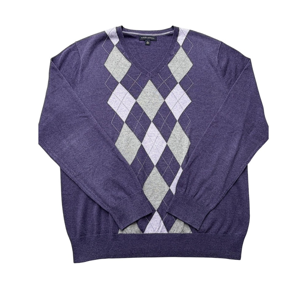 Banana‎ Republic Mens XL Purple Argyle V Neck Sweater Silk Cotton Cashmere